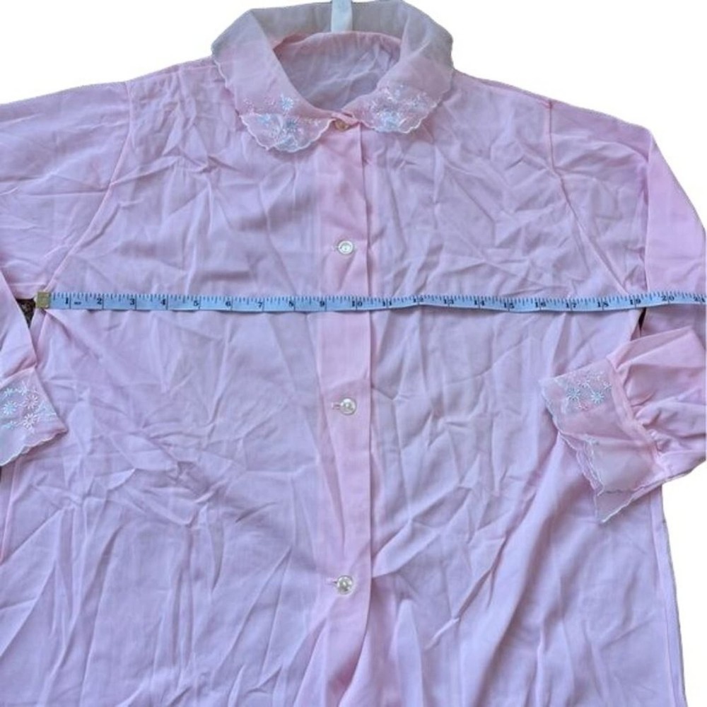Vintage 60s Blouse Sleep Shirt Blush Pink Nylon Semi Sheer Top Floral Hems Sz 36 - Picture 9 of 11